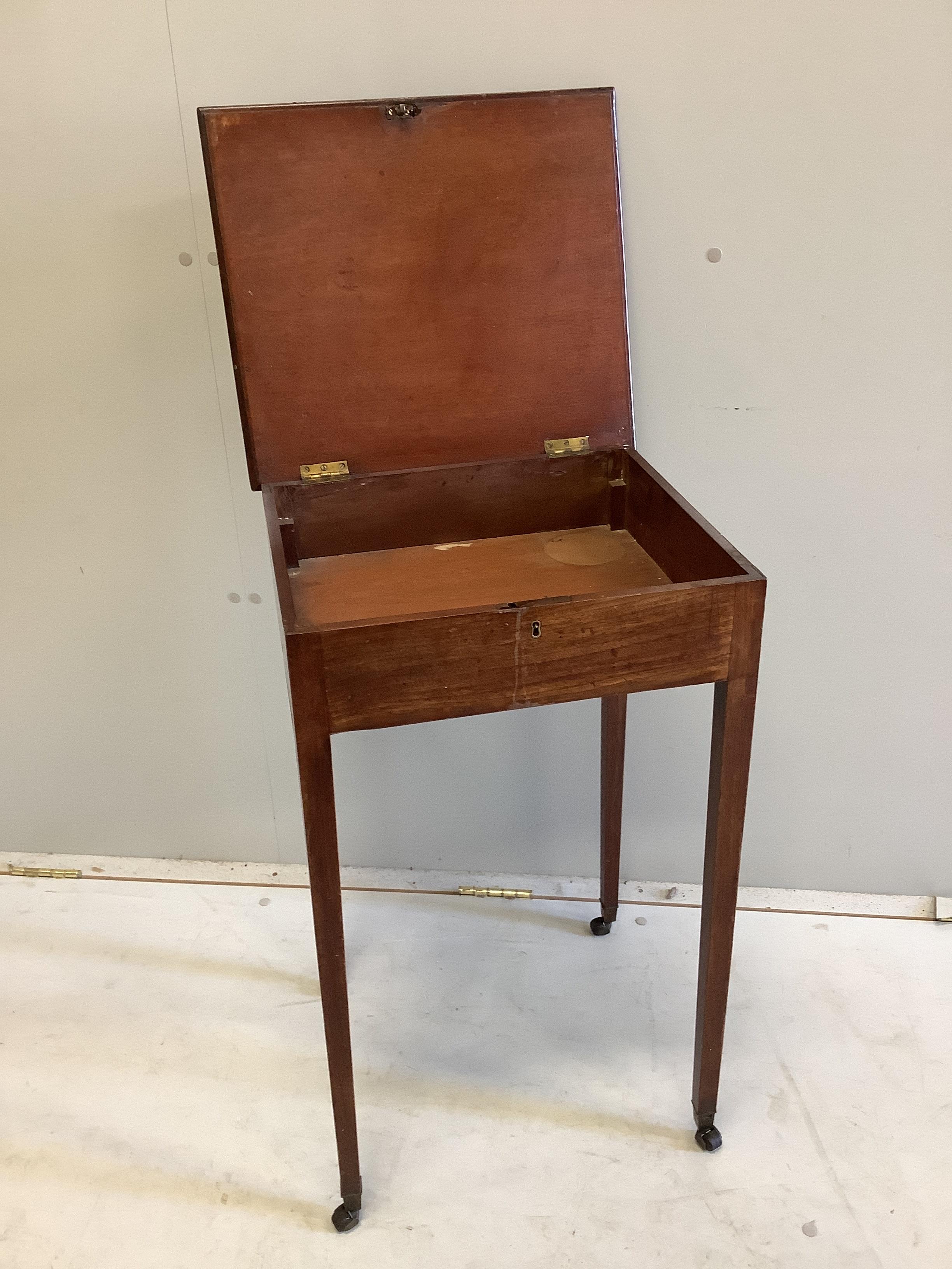 A George III rectangular mahogany hinged top occasional table, width 43cm, depth 38cm, height 72cm